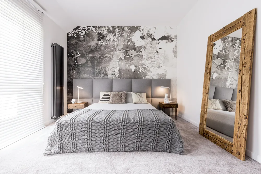 Large Grey Headboard, Grey Carpet, Grey Throw