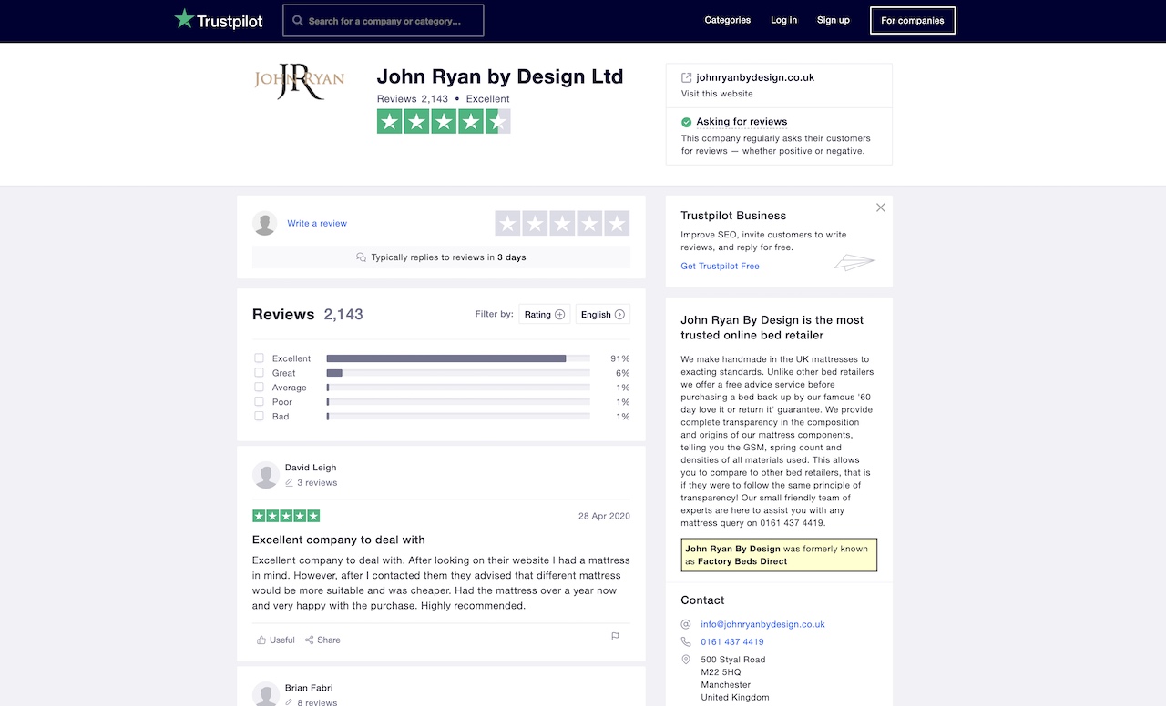 John Ryan By Designs Trust Pilot rating 5 star